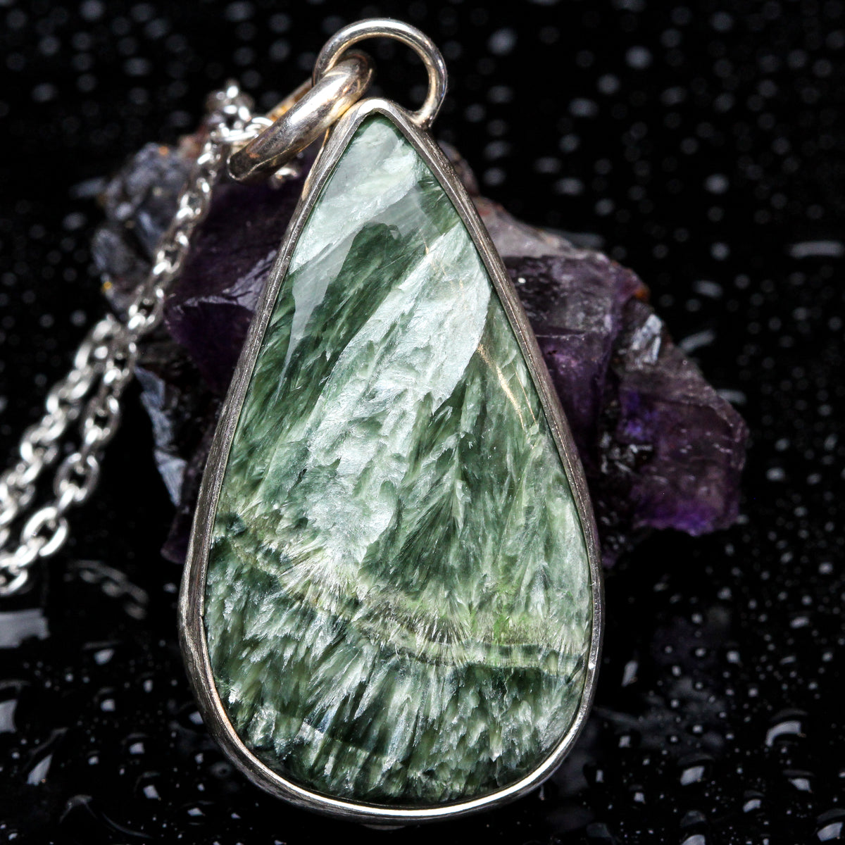 Large Freeform Seraphinite store Pendant Necklace & Chain - Sterling Silver