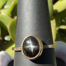 Load image into Gallery viewer, Black star diopside ring in 14K gold filled, size 8, front view showing the four ray star