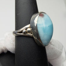 Load image into Gallery viewer, Larimar ring, angled view showing the silver bead accents on the split band