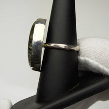 Load image into Gallery viewer, Oval labradorite ring, side view showing the sterling silver bezel and band