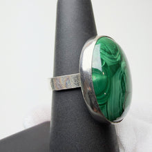Load image into Gallery viewer, Oval Malachite ring, side view showing the sterling silver band