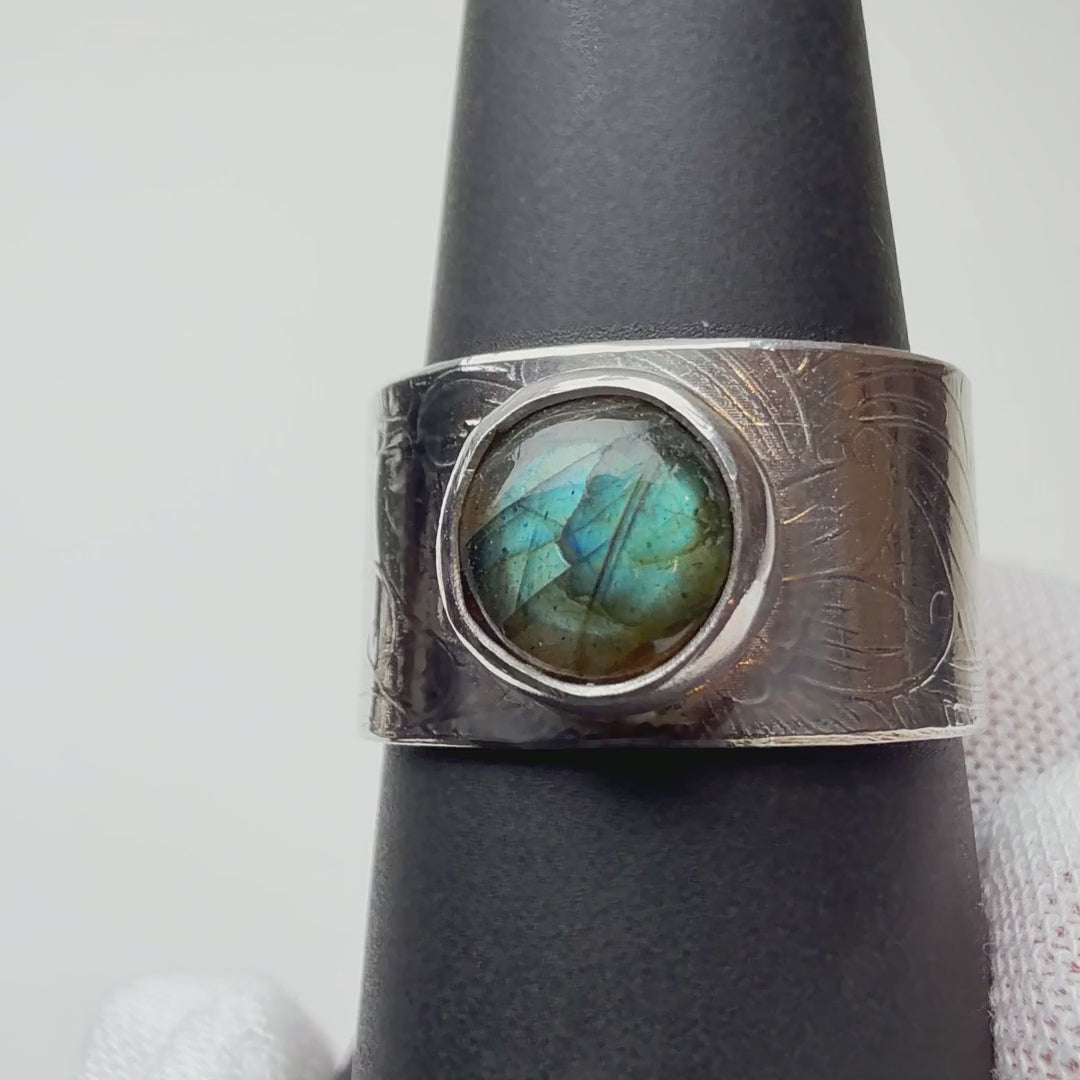 Adjustable Labradorite ring turning on a ring display
