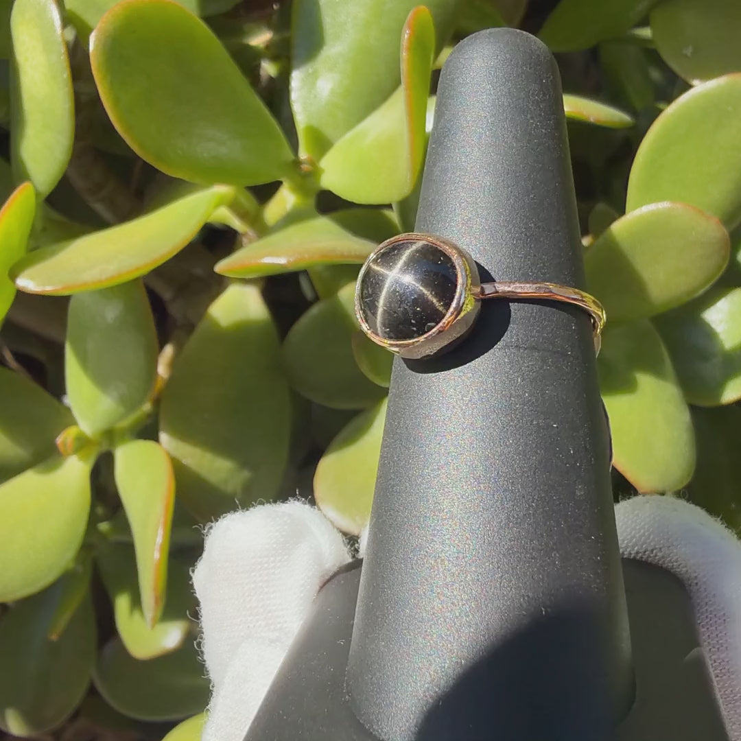 Black star diopside ring turning on a ring display