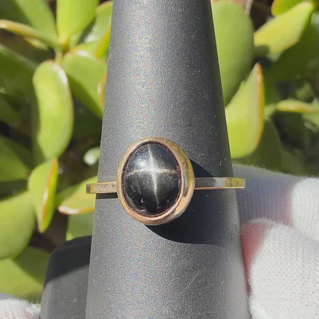 Black star diopside ring turning on a ring display