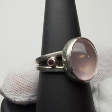 Load image into Gallery viewer, Rose Quartz with Amethyst Accents ring, angled view showing an amethyst accent on the band