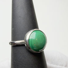 Load image into Gallery viewer, Round Malachite ring, angled view showing the bezel and band